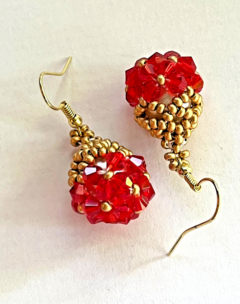 Handmade Red Gold Dangle Beaded Earrings