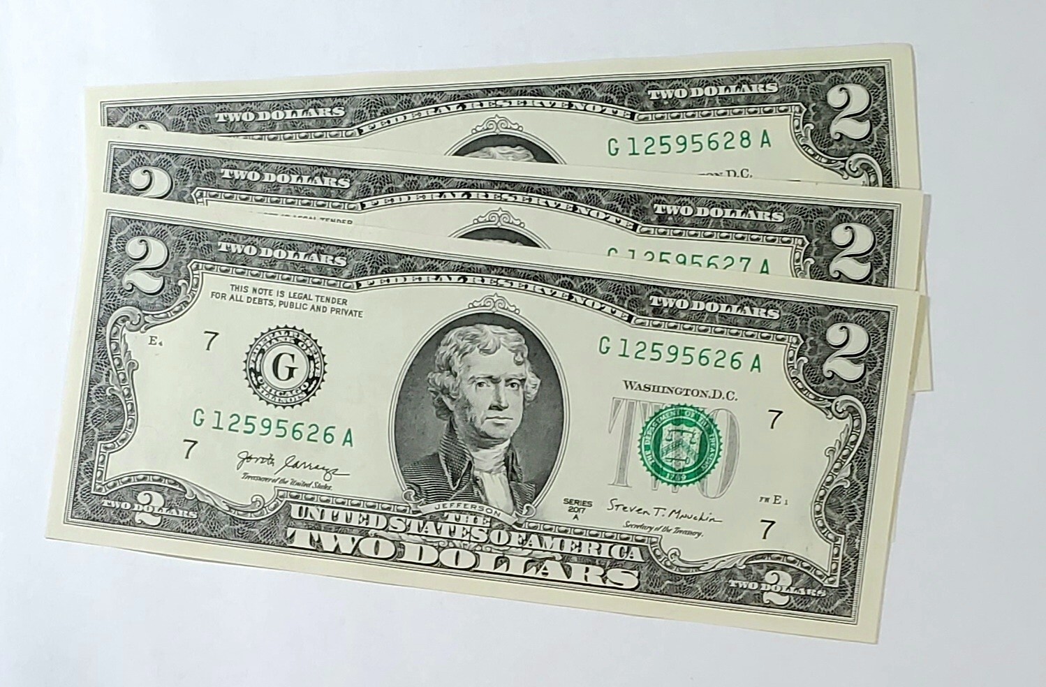 3 Two Dollar Bills Crisp Notes Uncirculated/Consecutive 2017A ** Lowest on Site!