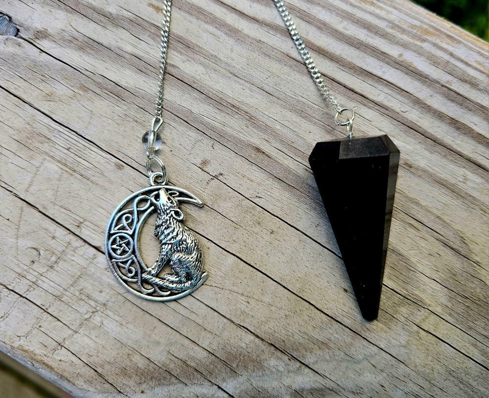 Black Tourmaline Pendulum with moon Wolf charm