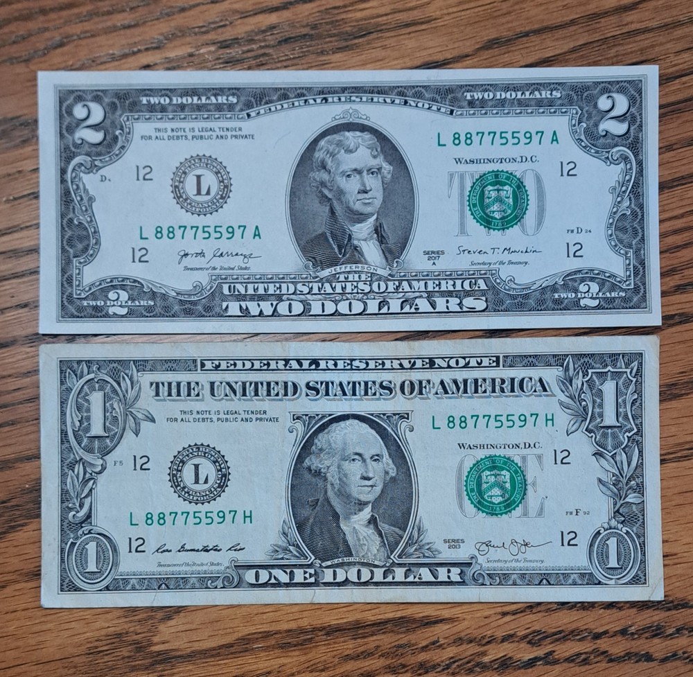 MATCHING $1 & $2 DOLLAR NOTES! –SAME SERIALS -