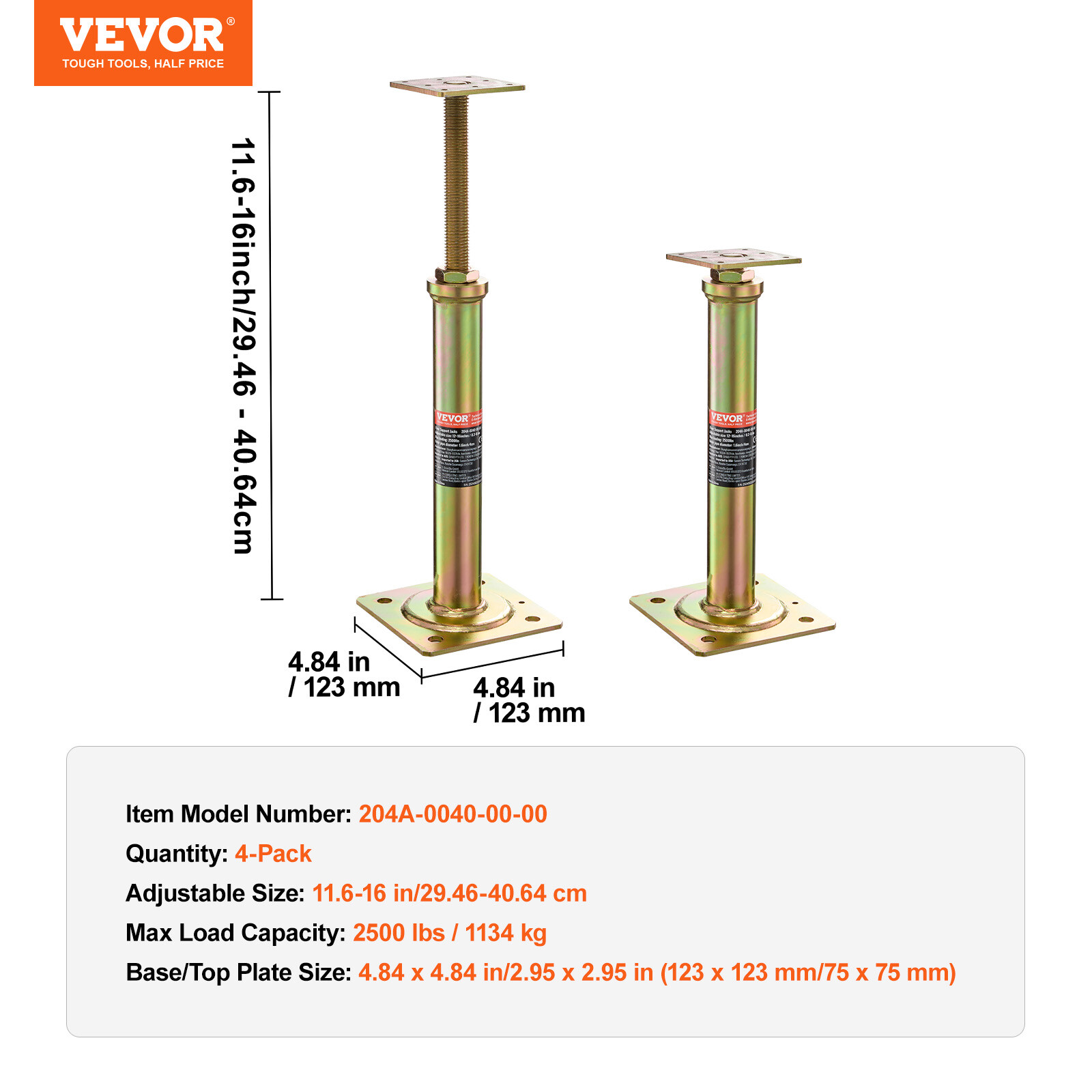 VEVOR 4PCS Adjustable Floor Jack Post House Floor Leveling Lift 11.6"-16" Height