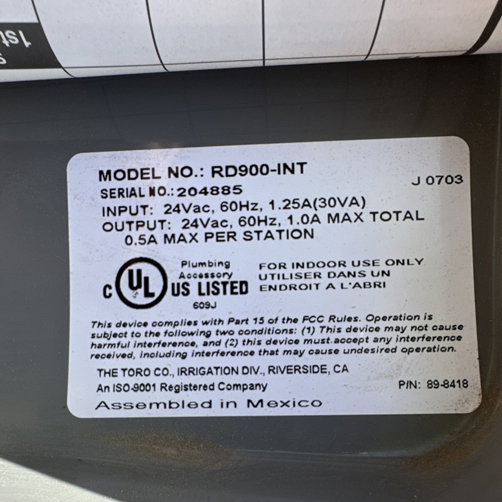 Irritrol Rain Dial RD900-INT Irrigation Controller Dial Manual Programmable