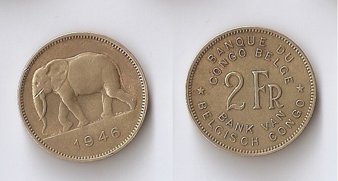Belgian Congo 2 francs 1946 African elephant