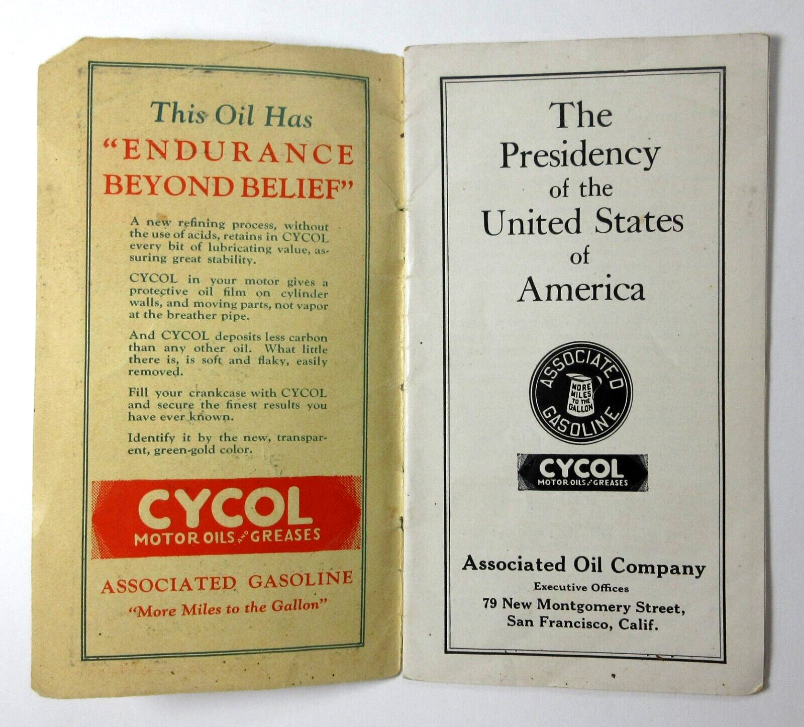 Associated Oil Advertising Booklet Presidential Election Cycol Ethyl Gas 1929