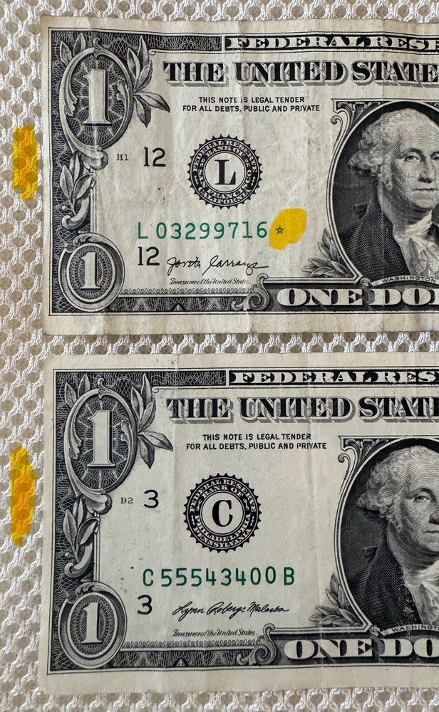 (3) 2017 $1 Error Misaligned/Miscut Notes, One is a Star Note, one w/ Fancy S/N!
