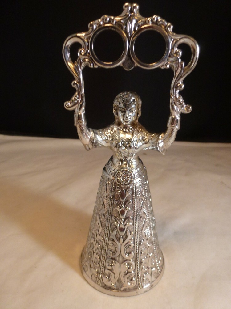 Vintage Silver-plate Wedding Bell - Figurative Lady Holding Double Ring JAPAN