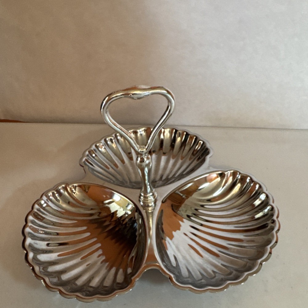 Vintage Three Section Serving Tray with Handle, Shell Design, 10.75" x 7"
