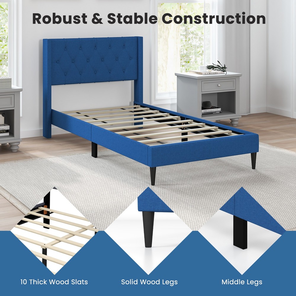 Twin Size Upholstered Platform Bed w/ Button Tufted Wingback Headboard Blue