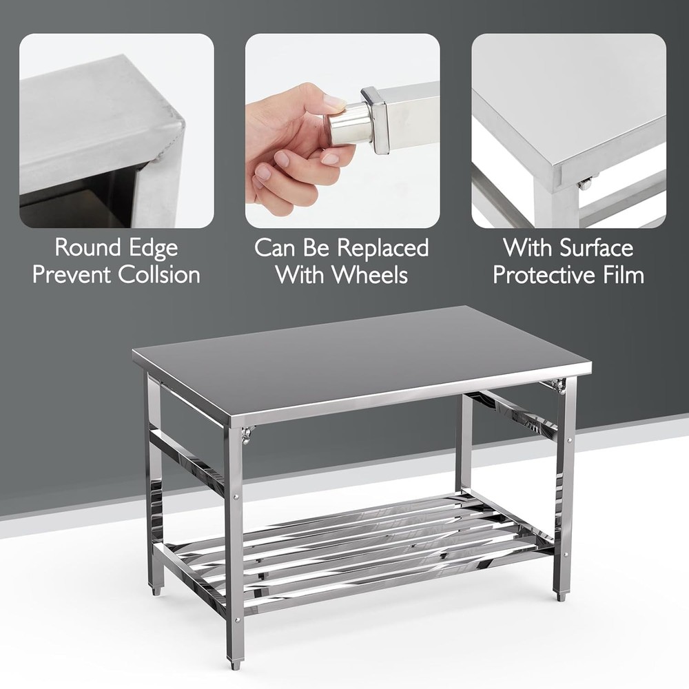 Stainless Steel 48"x30" Folding Work & Food Prep Table w/ Adjustable Undershelf