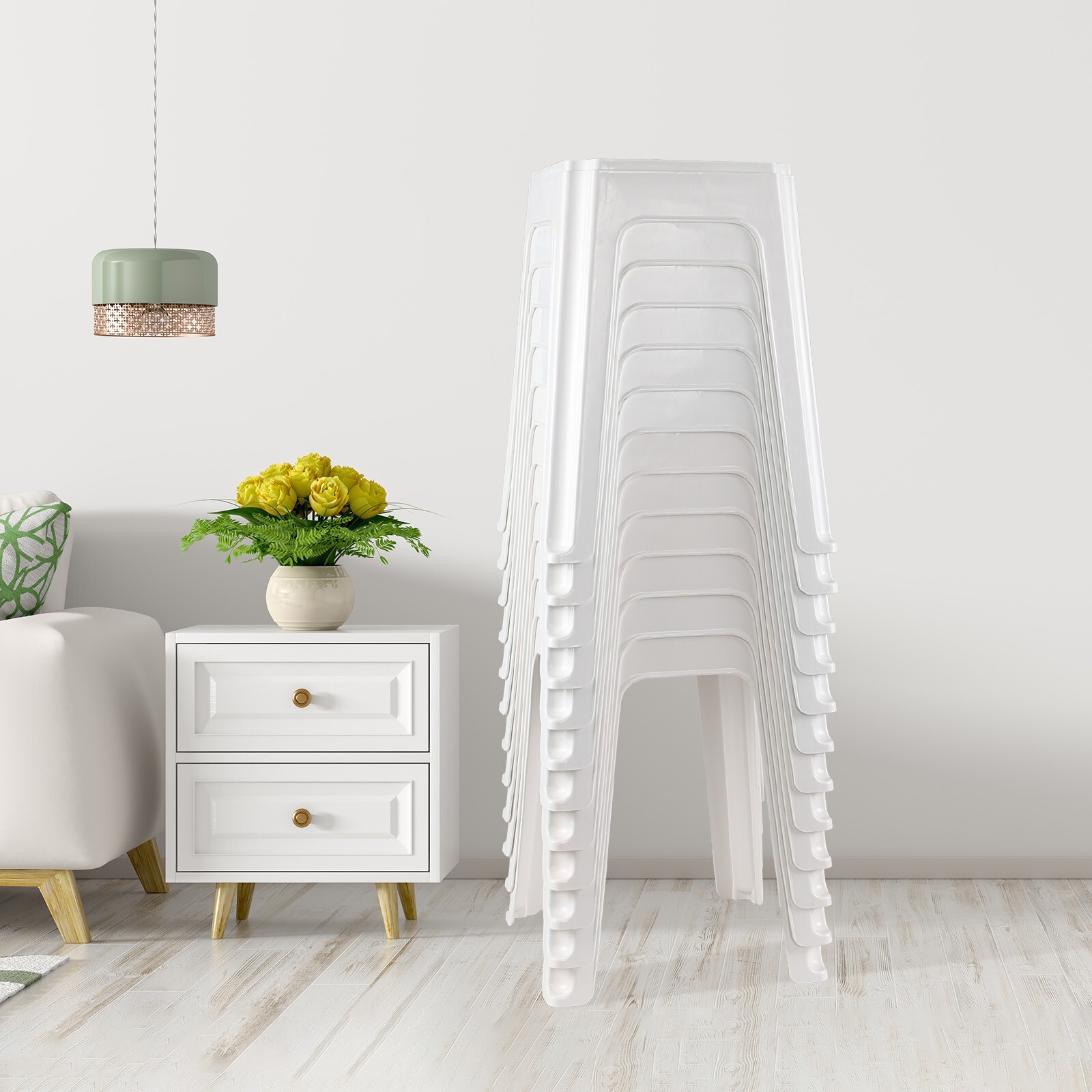 6/12-Pack 18.7 Inch Height Home Plastic Seat Stool Square Stackable Chair, White