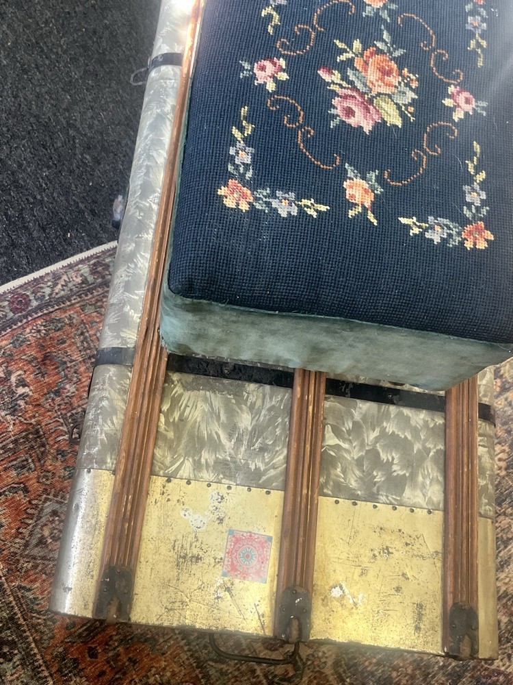 Vintage Floral Needlepoint Footstool Wool Rectangular Victorian w/ Flowers