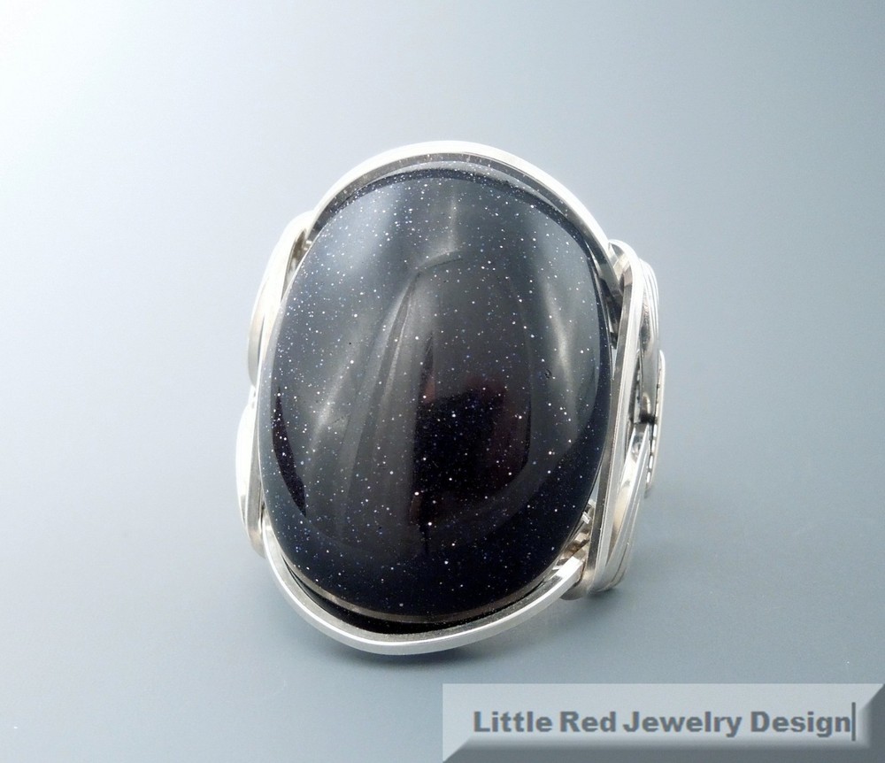 Large Sterling Silver Blue Goldstone Cabochon Wire Wrapped Ring