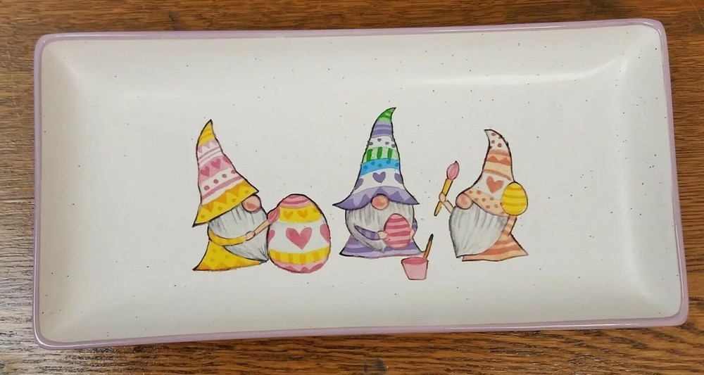 Ceramic Purple Rectangular Easter Platter/Candy Dish Gnomes Painting Easter Egg