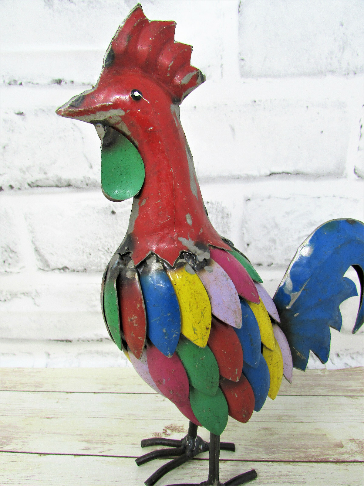 Rustic Small 9 Inch Tall Repurposed Scrap Metal Rooster Chicken Statue Home Farm