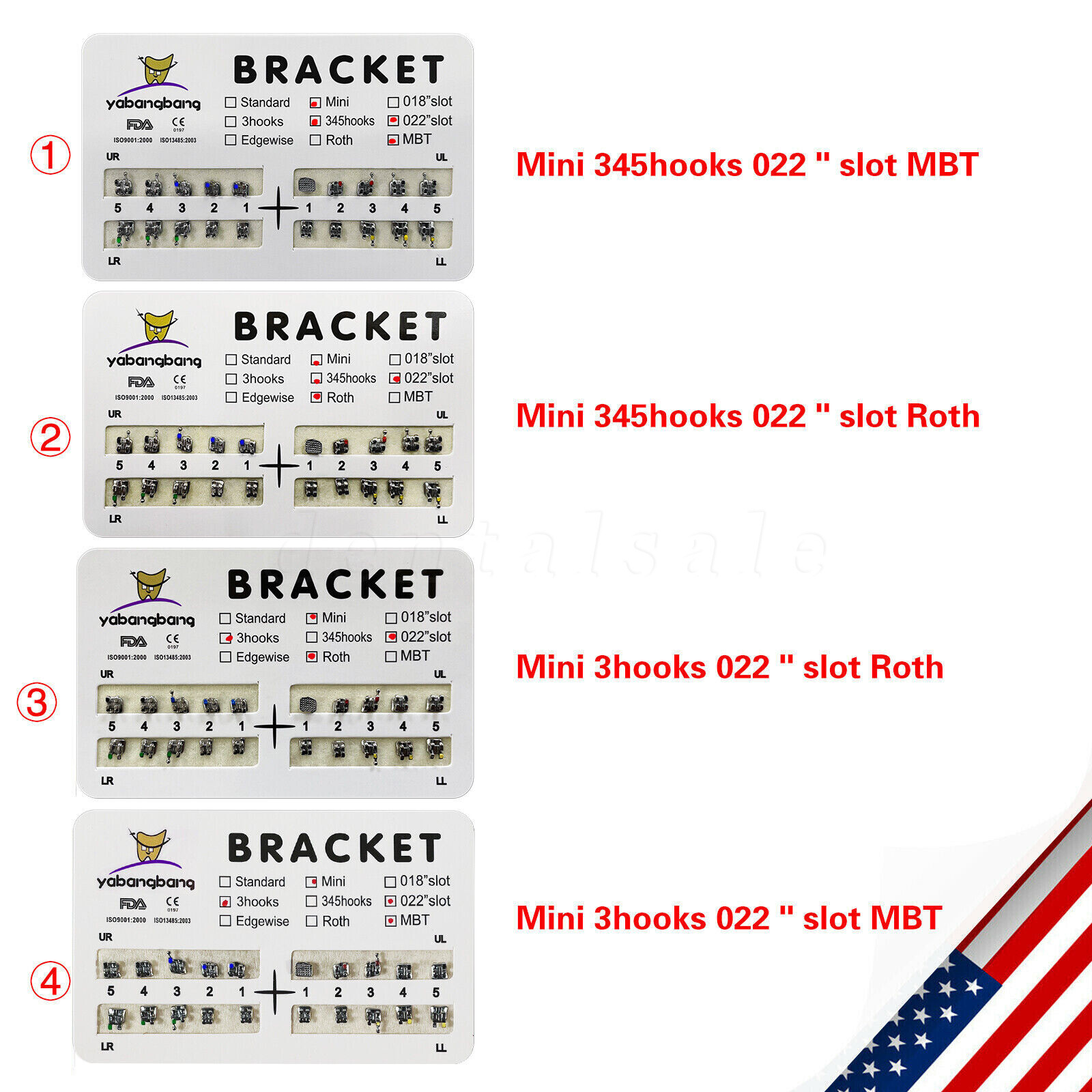 200pcs Dental Orthodontic Bracket Braces Roth/MBT 022" Slot 3/345 hooks Metal US