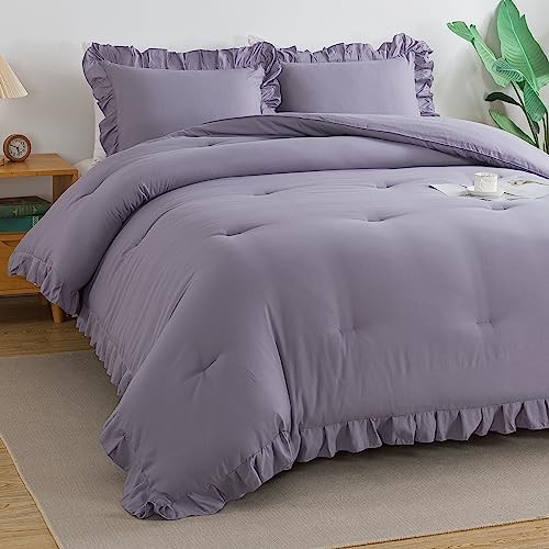 Grayish Lavender Comforter Set, 3 Pieces Solid Ruffle Bedding Queen Purple