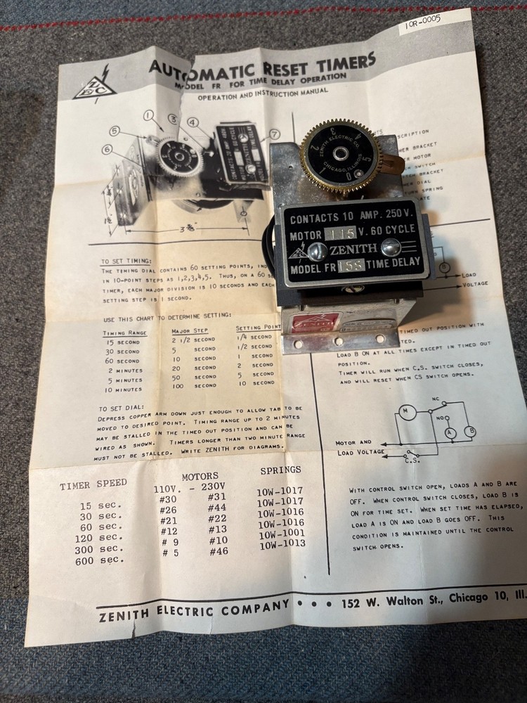 Zenith automatic Reset Timer Model FR 15S Time Delay Motor 115V 60 Cycle 10A250V