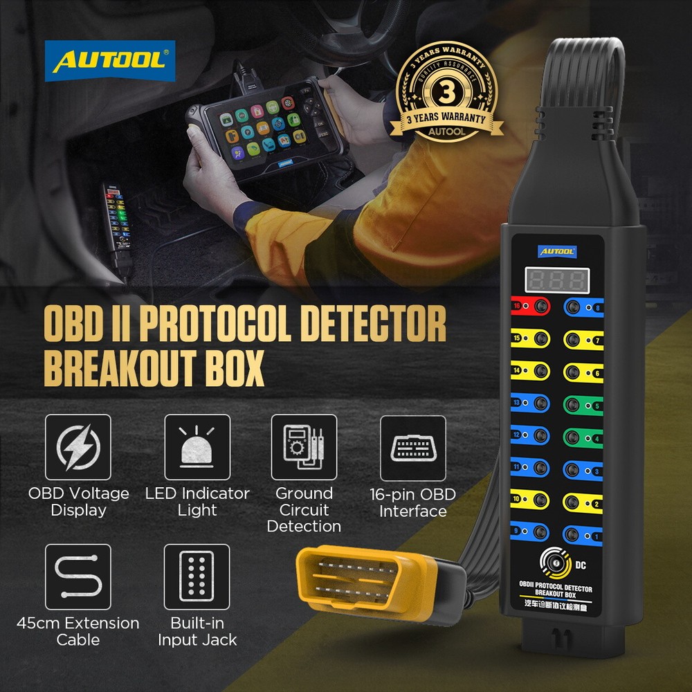 AUTOOL OBDII CAN Breakout Box Voltage Display OBDII Protocol Detector Diagnostic