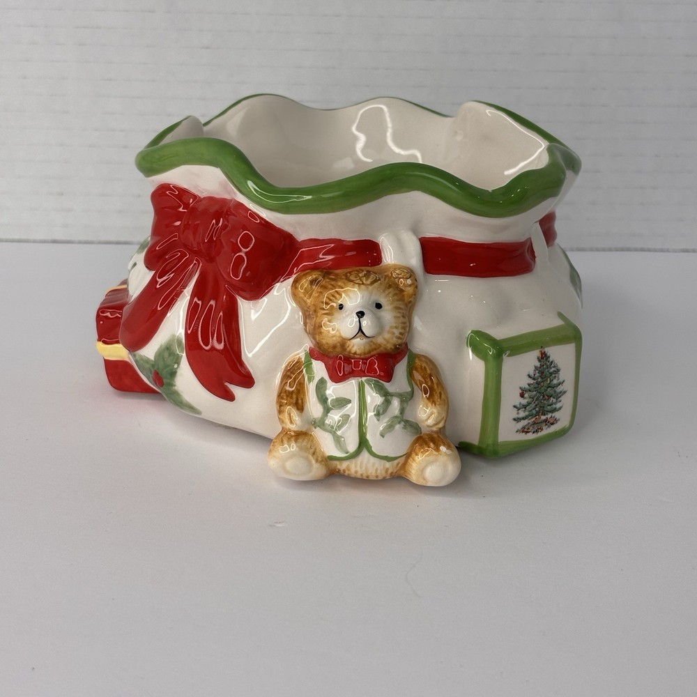SPODE HAND PAINTED "CHRISTMAS TREE" PATTERN SANTA'S POUCH CANDY DISH