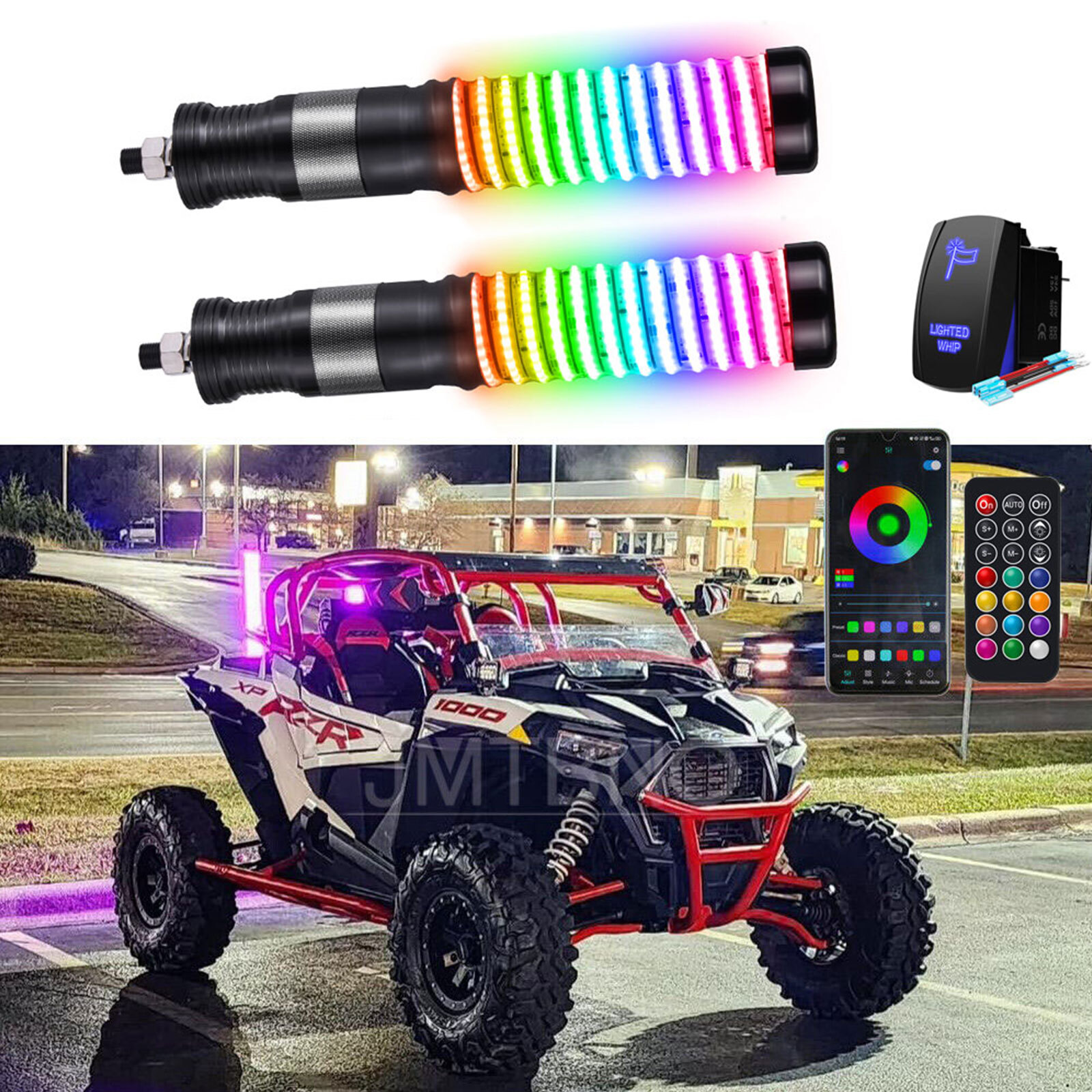 2pcs 1FT COB Fat Whip Light,RGB+IC Chasing Antenna Whips for ATV UTV SXS RZR