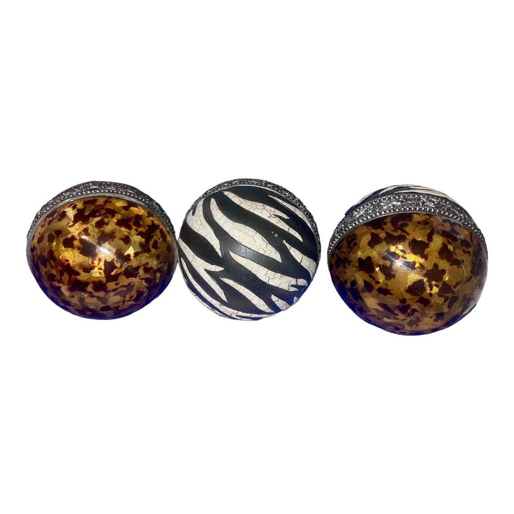 3 Decoritive Orb Set - Zebra, Leopard, Silver 4 inch diameter