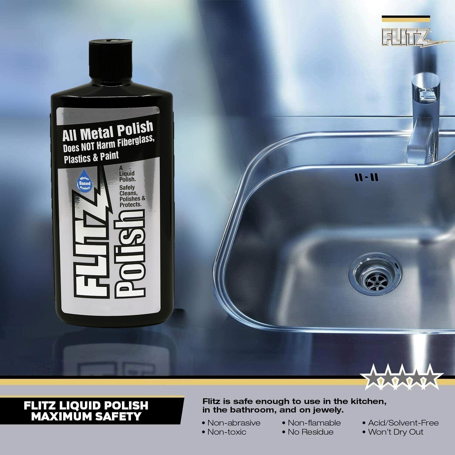 FLITZ Metal, Plastic & Fiberglass Polish 7.6oz/225ml Liquid Formula (SEE VIDEO)