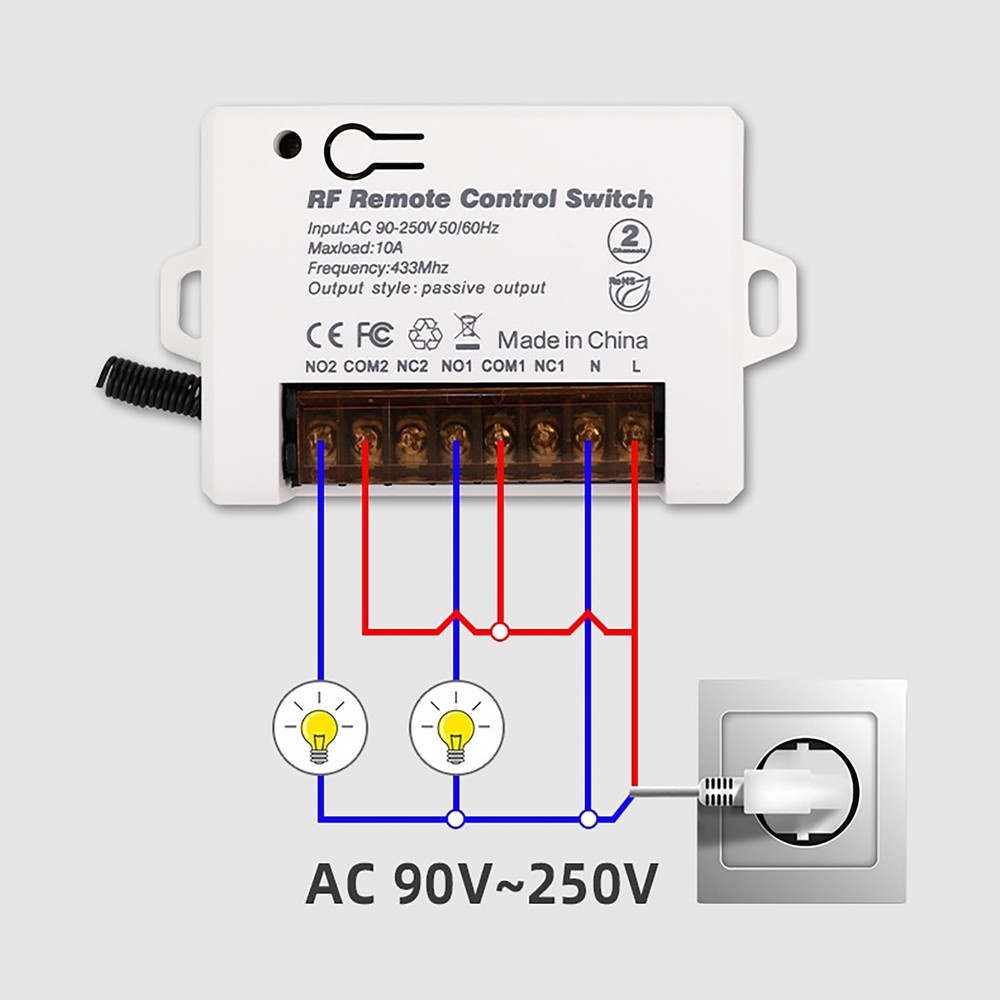 110V 2Ch 220V Relay Receiver Wireless Remote Control Switch for Garage/Gate