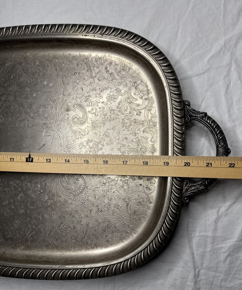 Leonard Silverplate Footed Serving Tray Ornate Engraved Floral Handles Rope Edge