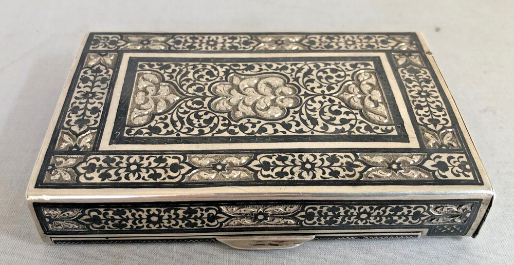 Antique Russian 84 Silver Niello Cigarettes Case in Middle Eastern Test.