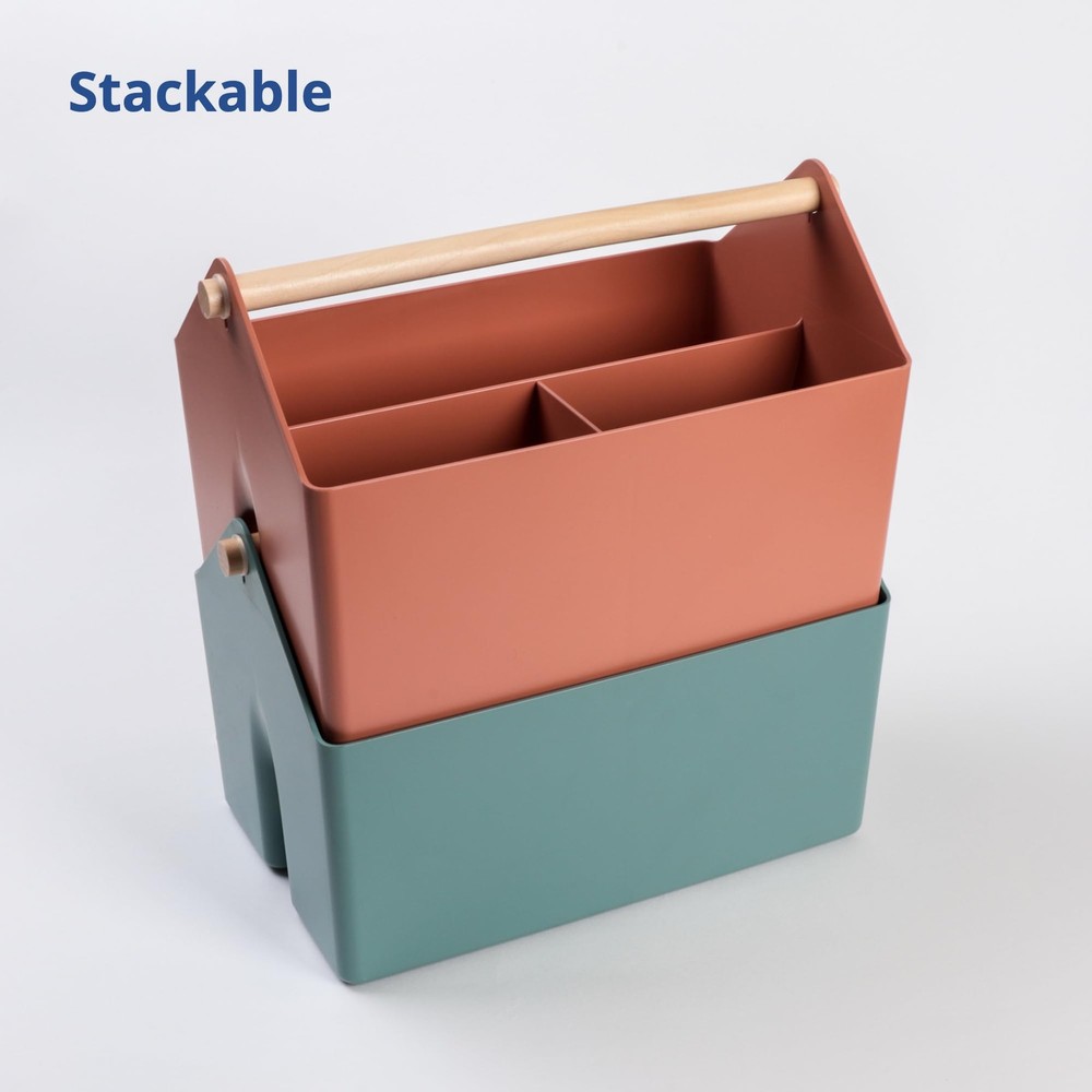 Medium Storage Basket – Plastic Caddy with Wooden Handle for Office, Arts & C...