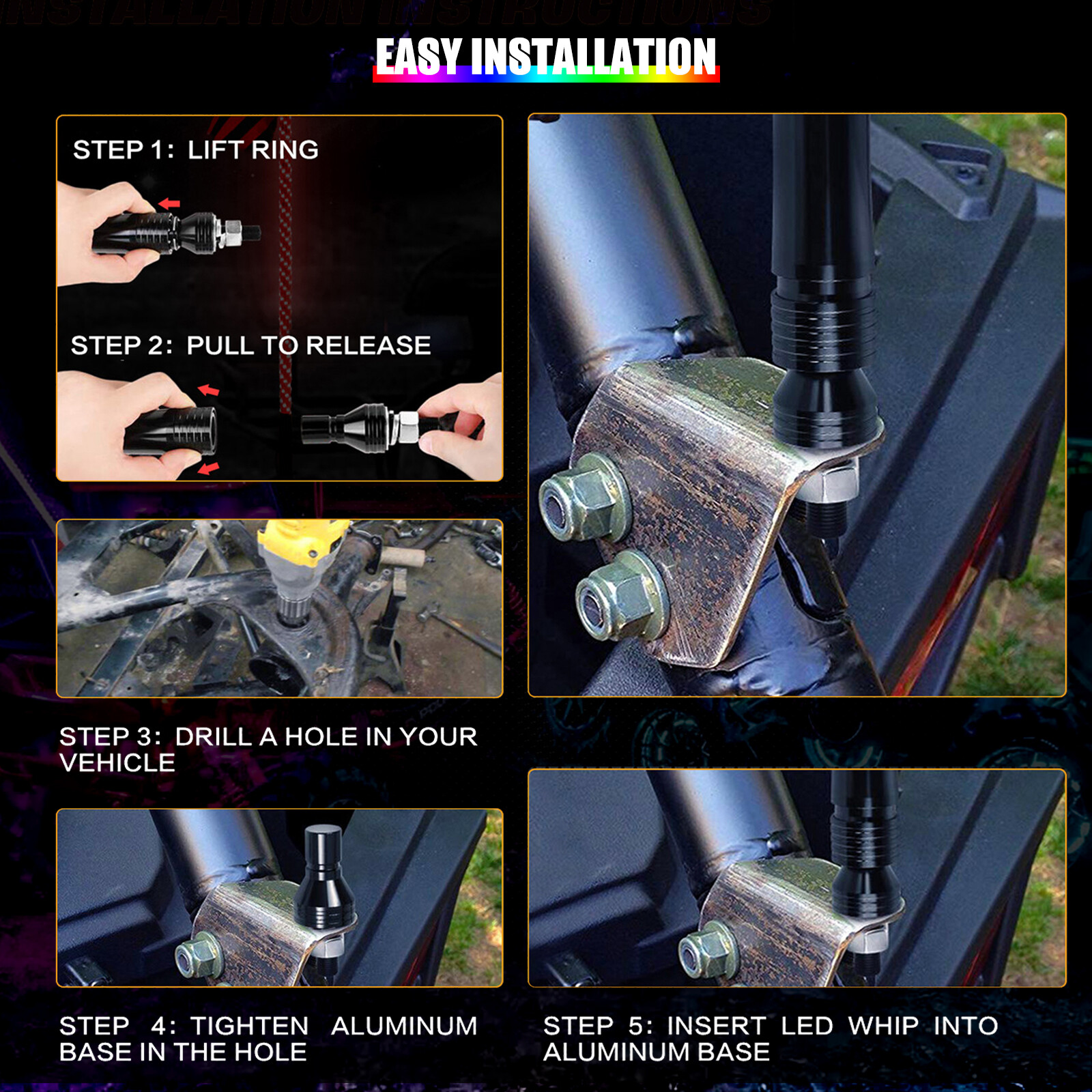 Pair 4ft RGB Spiral LED Whip Lights Antenna Chase + US Flag & Remote for ATV UTV