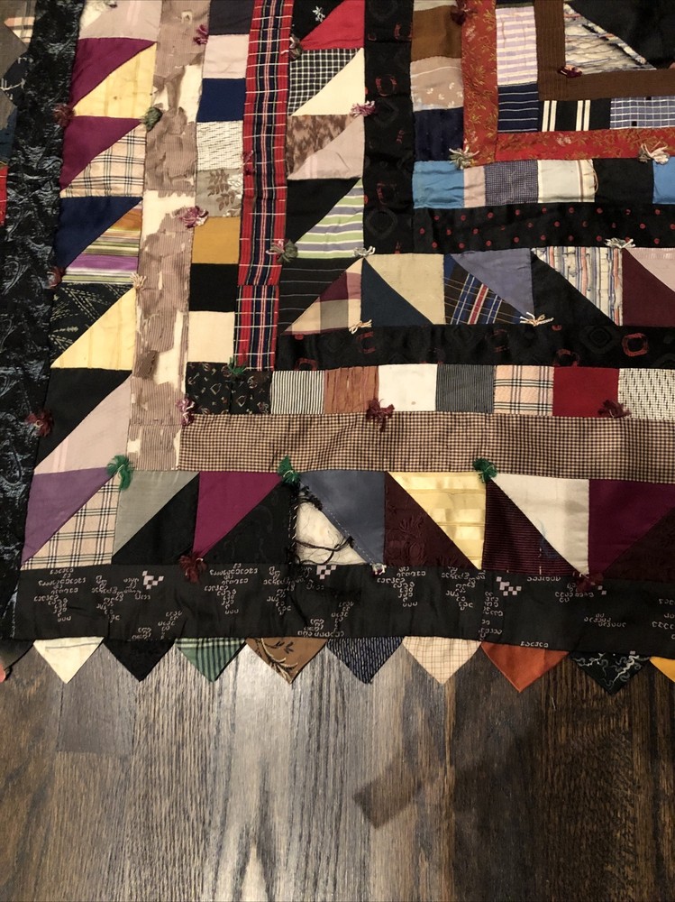Antique Silk Crazy Quilt With Triangular Border