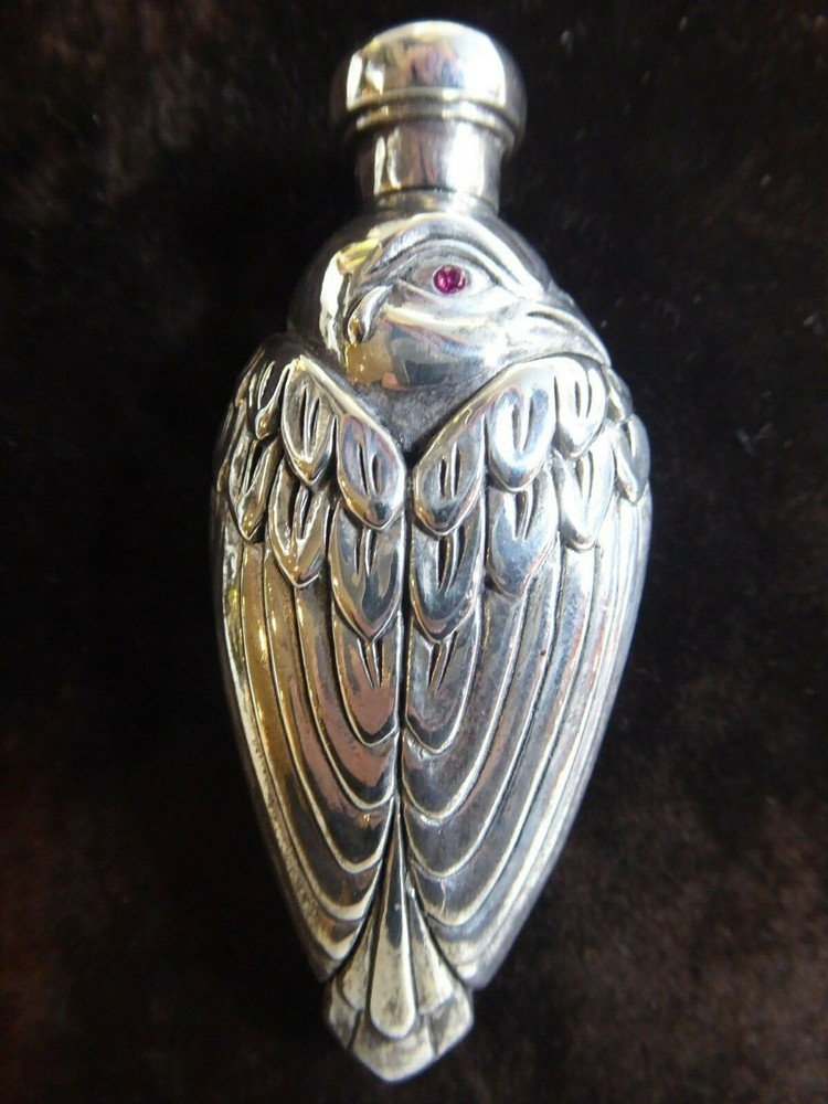 SUPERB SOLID SILVER BIRD SCENT PERFUME BOTTLE SET WITH RUBY EYES