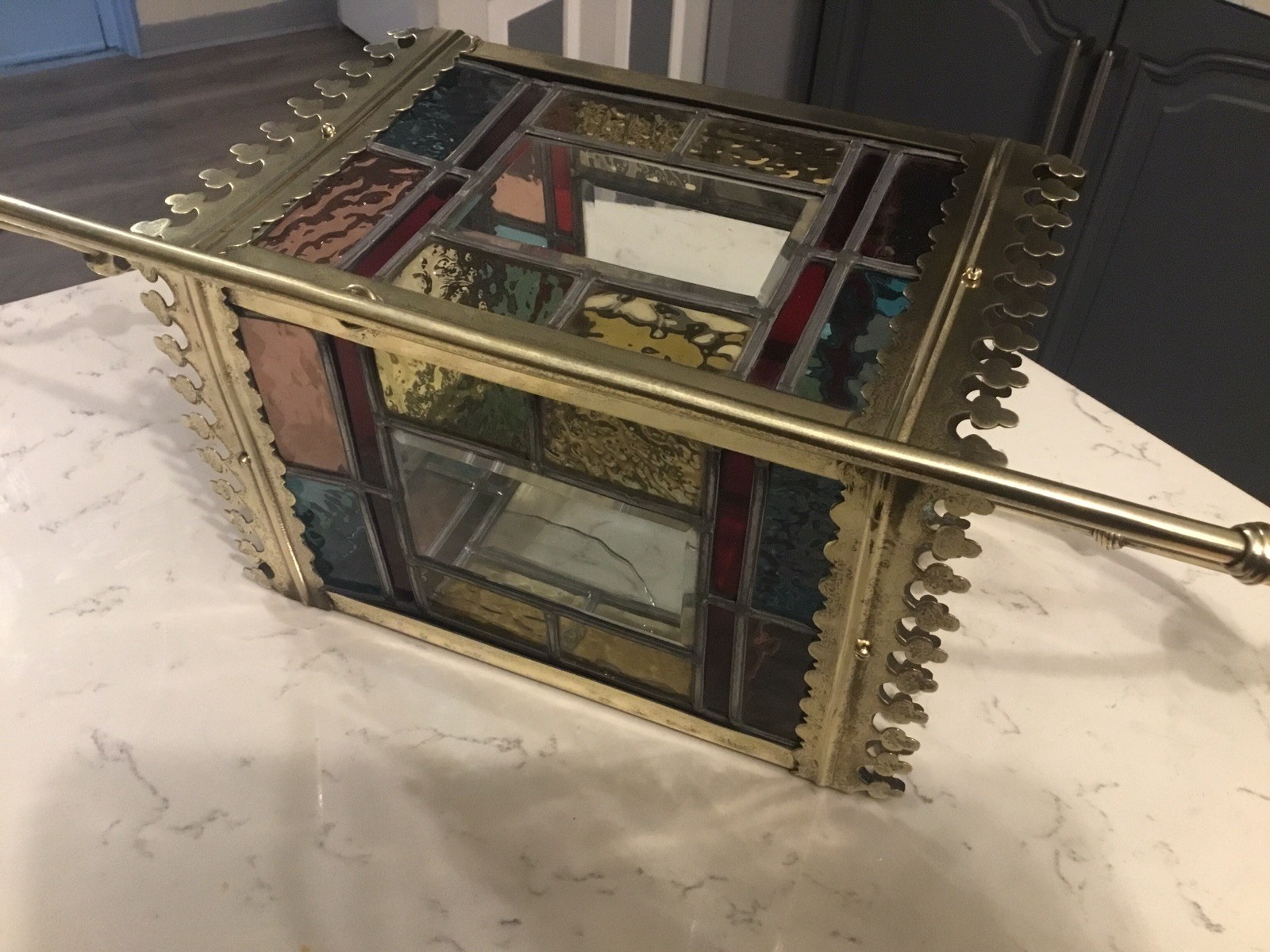 A BEAUTIFUL ANTIQUE BRASS & STAINED GLASS HALL LANTERN ,circa-1870.