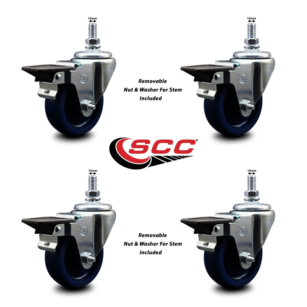 3.5 Inch Solid Polyurethane 10MM Threaded Stem Caster Set with Brake