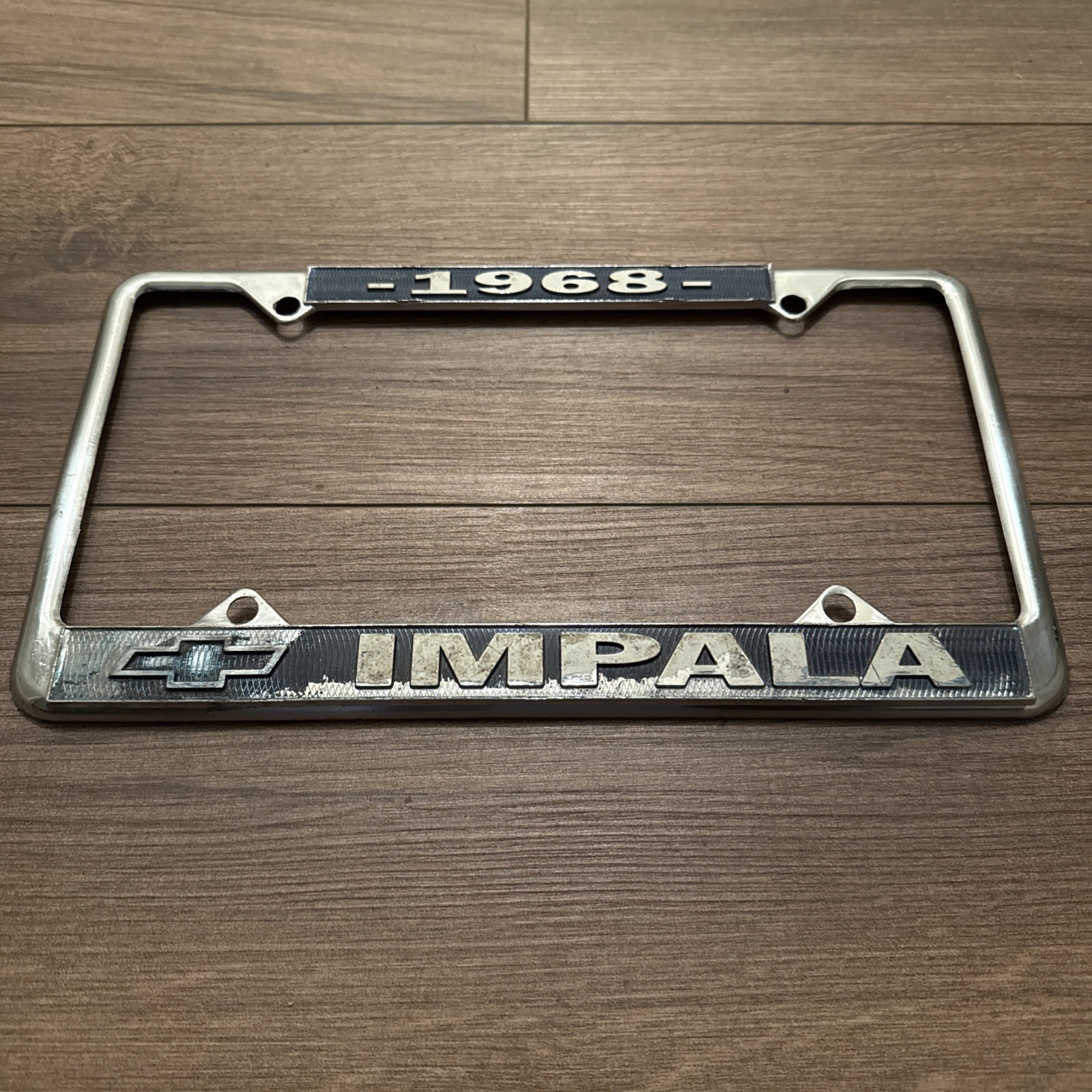 Vintage 1968 Chevrolet Impala License Plate Frame Chevy Chrome And Blue