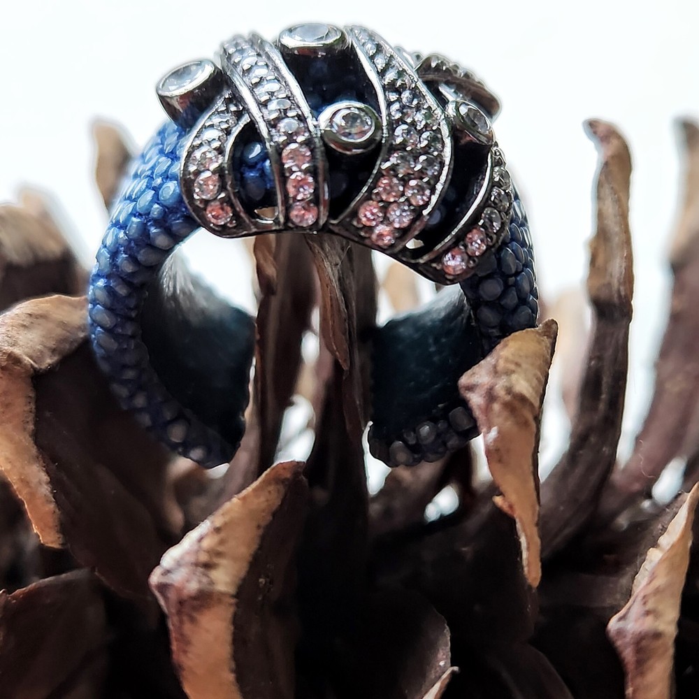 BLUE STINGRAY LEATHER, OXIDIZED STERLING SILVER, WTITE TOPAZ Adjustable Ring