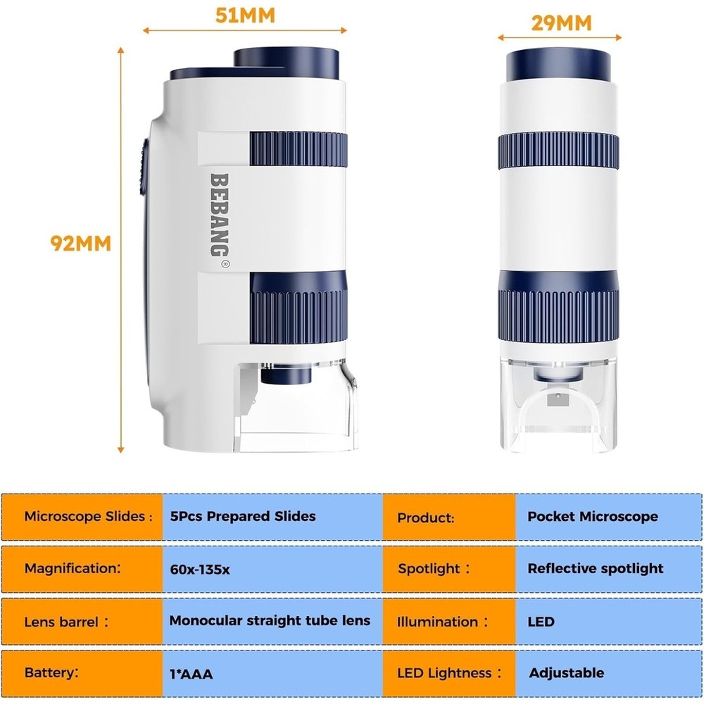 Bebang Pocket Microscope with Slides 60X-135X LED Light NIB