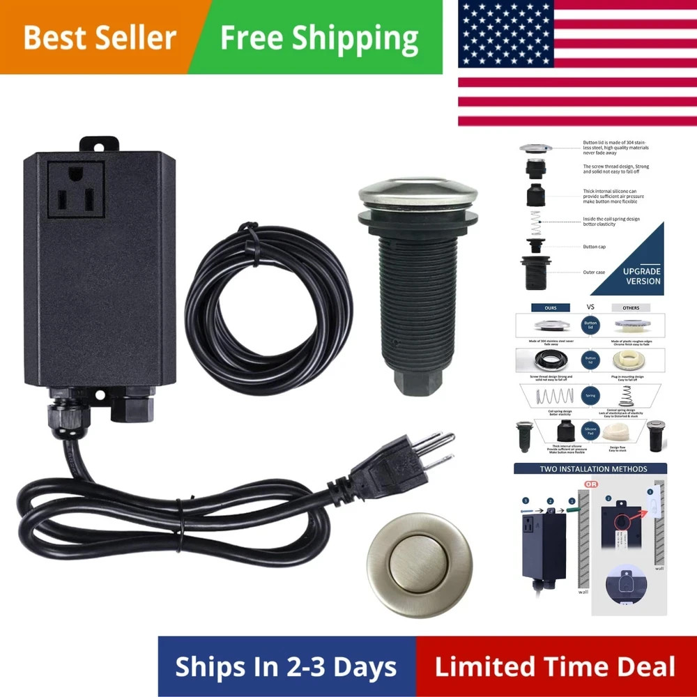 Garbage Disposal Air Switch Kit, Sink Top Switch, Brushed Nickel, 2.6" Button