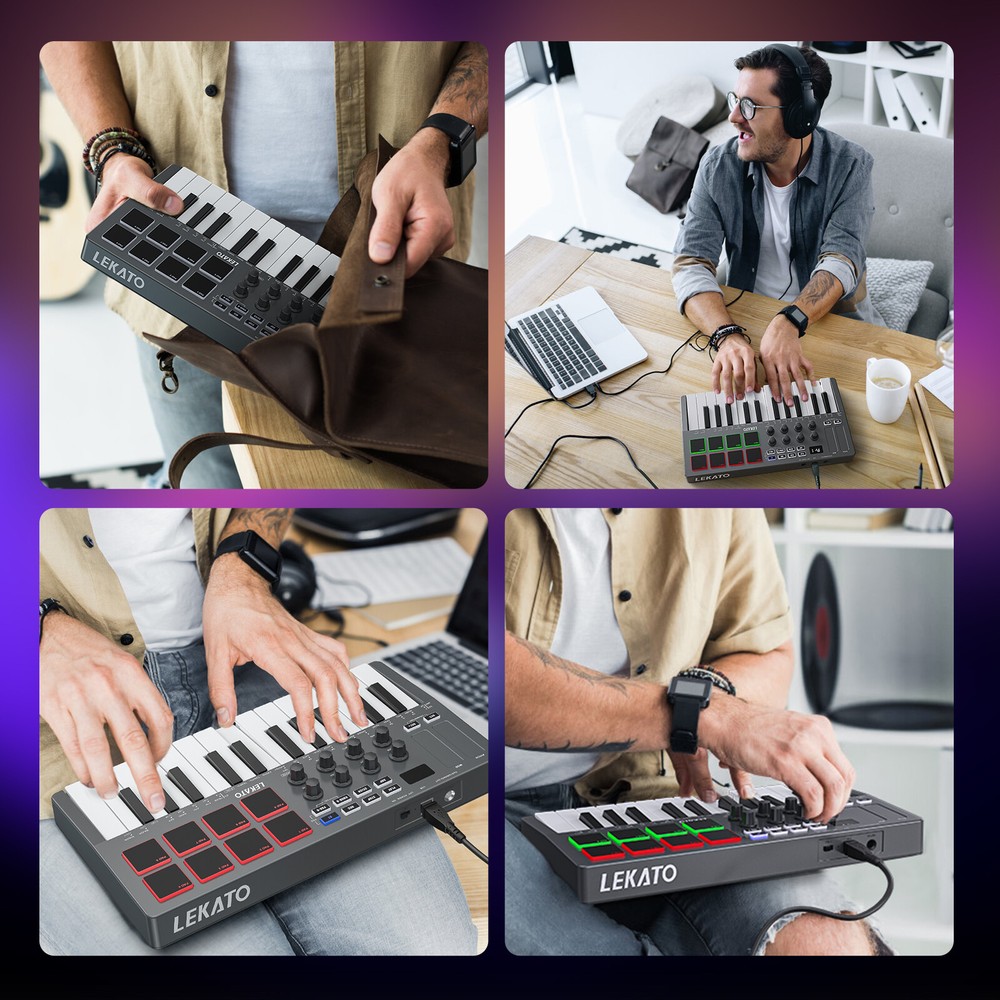 LEKATO 25 Keys Mini bluetooth MIDI 8 Backlit Drum USB MIDI Keyboard Controller