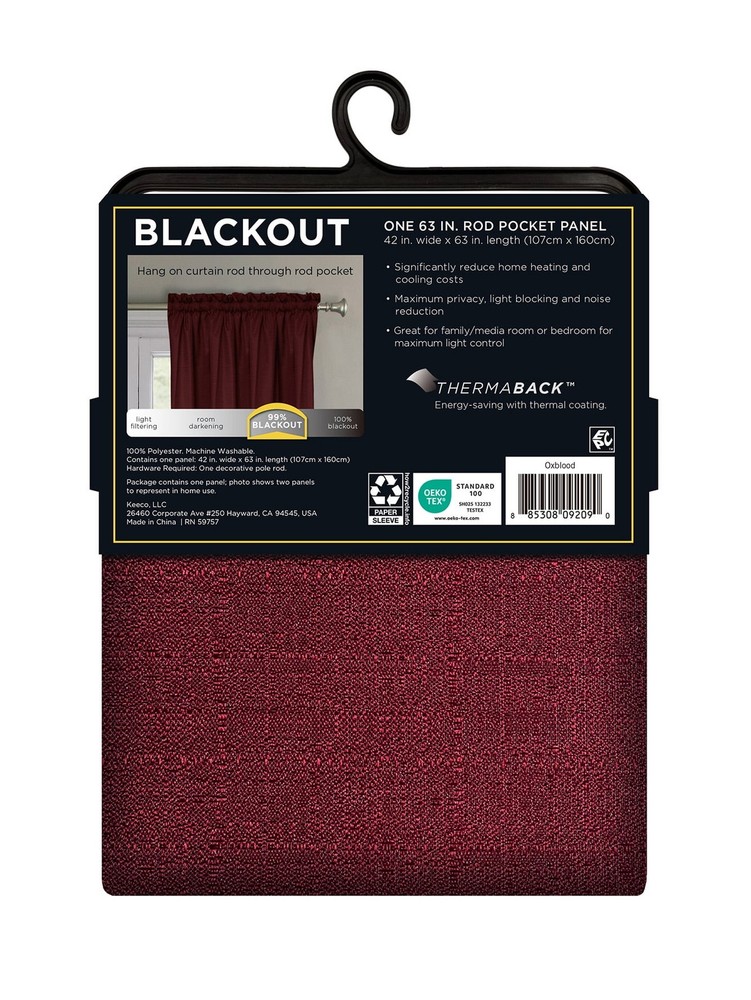 Eclipse Samara Solid Color Blackout Rod Pocket Single Curtain Panel, Oxblood