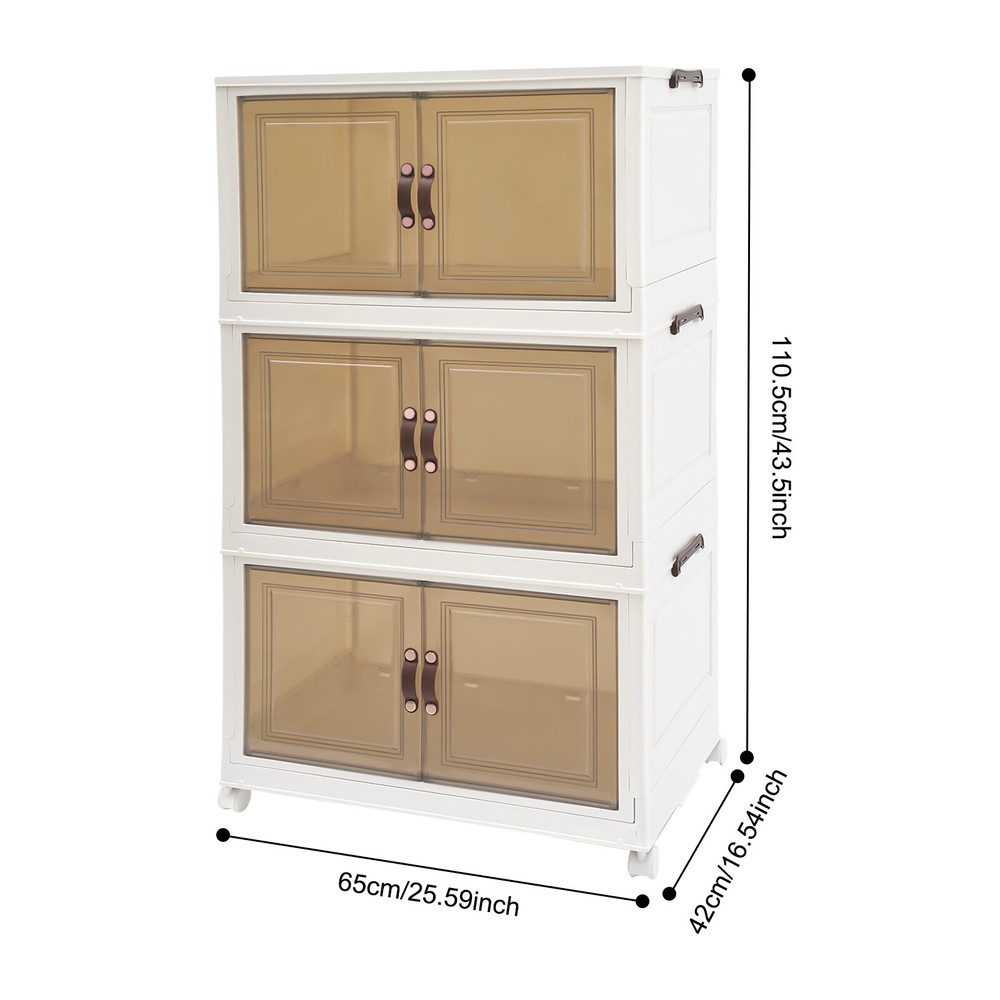 3PCS Foldable Stackable Storage Cabinets with Wheels White 25.59*16.54*43.5in US