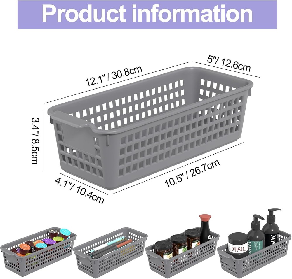 Slim Plastic Storage Baskets, Gray Small Shelf Baskets, 4 Pack