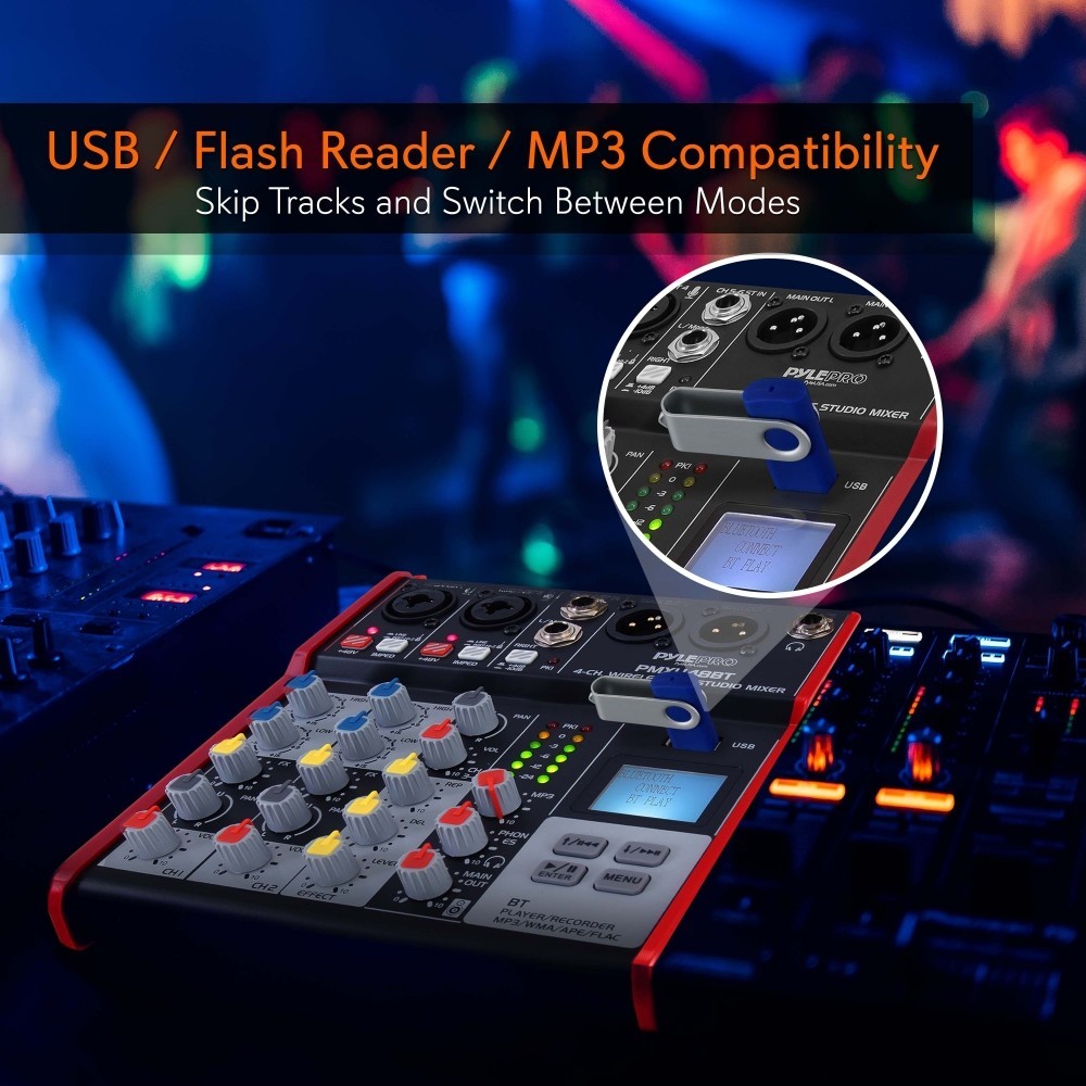Pyle 4-Ch. Bluetooth Studio Mixer- Pro Audio Digital DJ Audio Mixer Console
