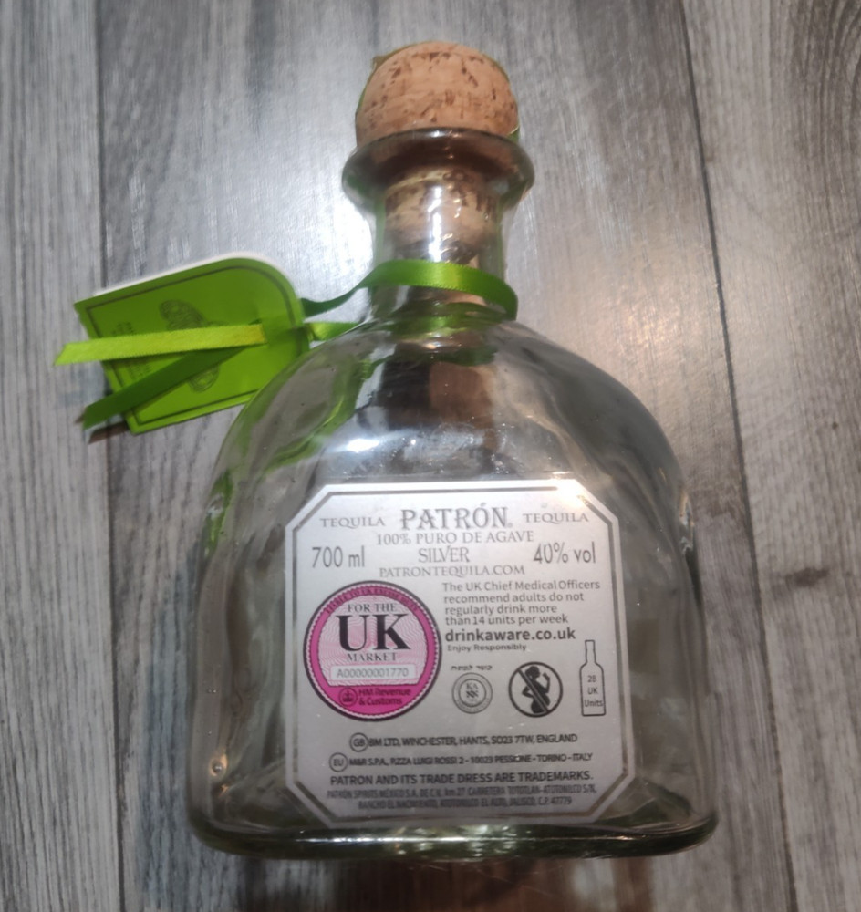 TEQUILA PATRON SILVER Bottle Empty with Cork top 700ml