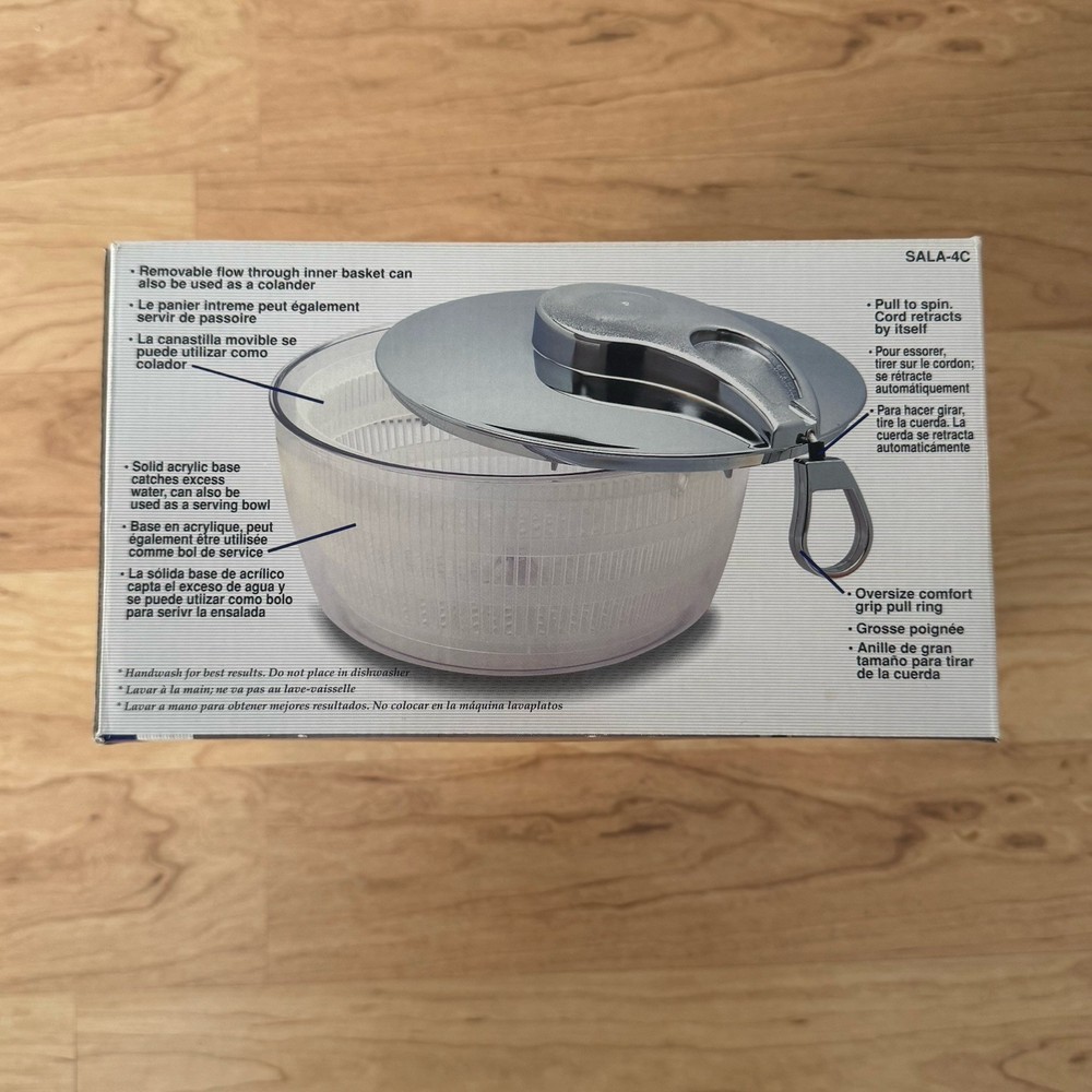 VINTAGE PROGRESSIVE LARGE SALAD SPINNER PULL ROPE CORD SPIN RETRO CHROME CLEAR