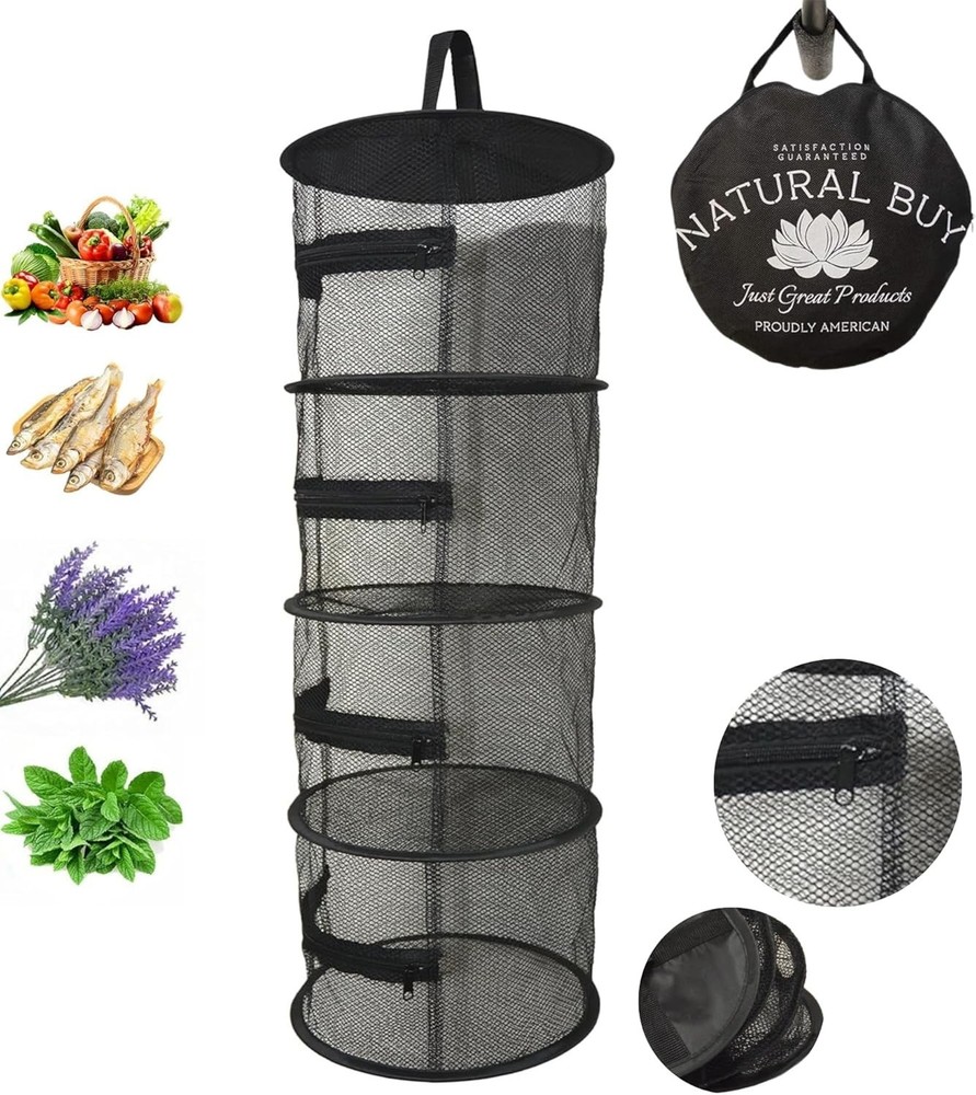 12" Diameter Drying Rack 4 Level Compact Hanging Plant Dry Net no Twisting Black