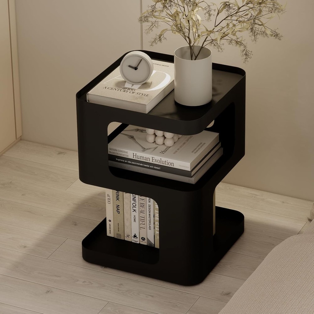 Modern Side Table Sofa & Couch,Black Metal Bedside Table,3 Tier end Tables W/