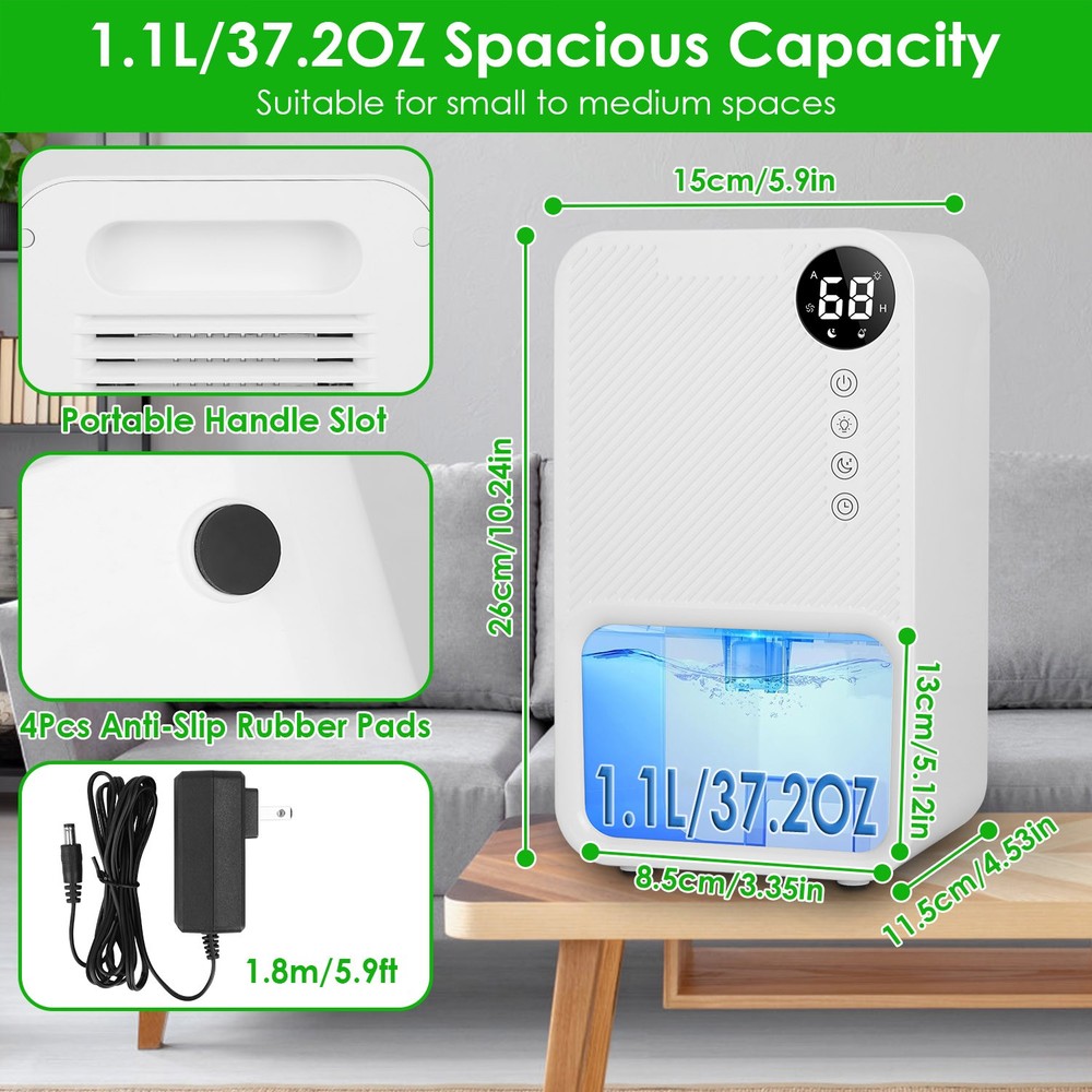 Portable 37OZ Dehumidifier with Sleep Mode & 24H Timer for Small Spaces