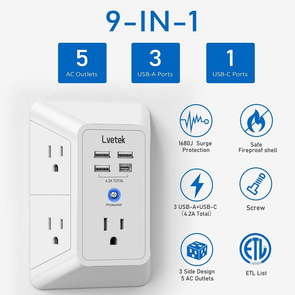 5 Outlet Extender Multi Plug Wall Outlets with 4 USB Charging 3U1C, White